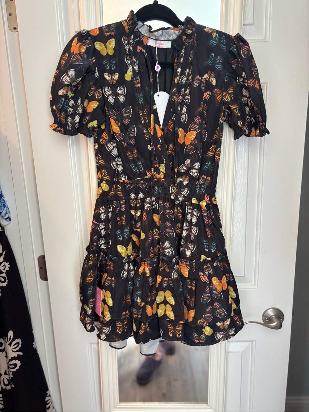 Buddy Love Black Butterfly Tiered Mini Dress with Yellow & Orange Accents